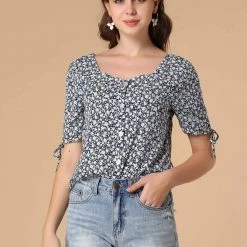 Allegra K Women's Sweetheart Neck Tie Cuff Button Up Dense Floral Blouse 12 Allegra K Women's Sweetheart Neck Tie Cuff Button Up Dense Floral Blouse