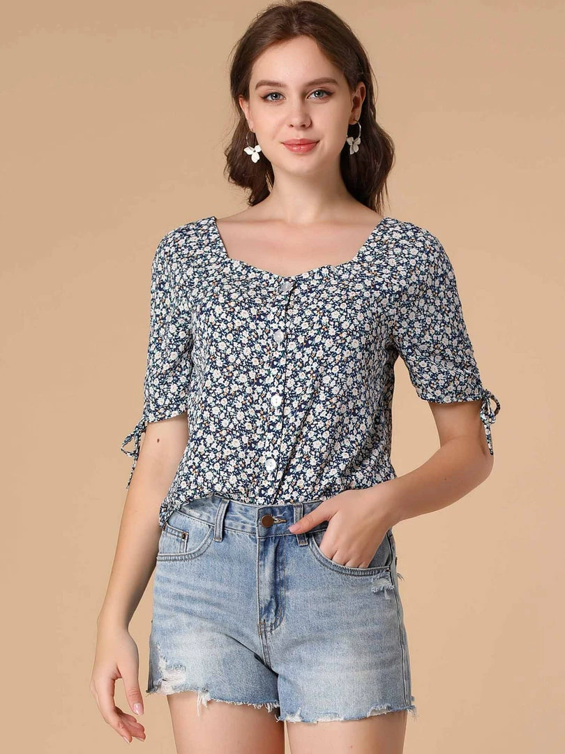 Allegra K Women's Sweetheart Neck Tie Cuff Button Up Dense Floral Blouse 6 Allegra K Women's Sweetheart Neck Tie Cuff Button Up Dense Floral Blouse