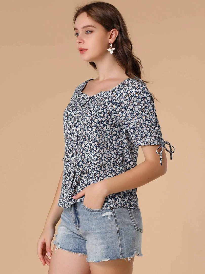 Allegra K Women's Sweetheart Neck Tie Cuff Button Up Dense Floral Blouse 7 Allegra K Women's Sweetheart Neck Tie Cuff Button Up Dense Floral Blouse