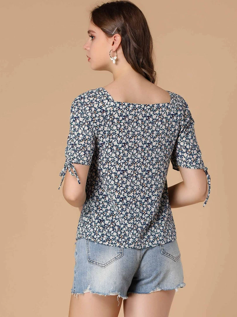 Allegra K Women's Sweetheart Neck Tie Cuff Button Up Dense Floral Blouse 8 Allegra K Women's Sweetheart Neck Tie Cuff Button Up Dense Floral Blouse