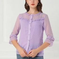 Allegra K Women's Ruffled Sleeve Frill Trim Button Down Semi-Sheer Swiss Dots Blouse