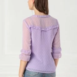 Allegra K Women's Ruffled Sleeve Frill Trim Button Down Semi-Sheer Swiss Dots Blouse