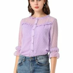 Allegra K Women's Ruffled Sleeve Frill Trim Button Down Semi-Sheer Swiss Dots Blouse