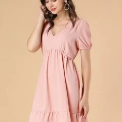Allegra K Women's V Neck Short Sleeve Ruffle Hem Babydoll Dress