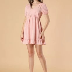 Allegra K Women's V Neck Short Sleeve Ruffle Hem Babydoll Dress