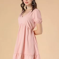 Allegra K Women's V Neck Short Sleeve Ruffle Hem Babydoll Dress