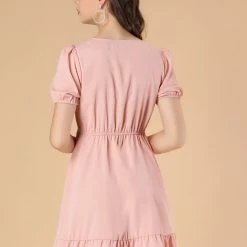 Allegra K Women's V Neck Short Sleeve Ruffle Hem Babydoll Dress