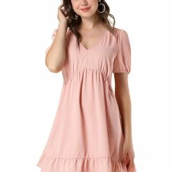 Allegra K Women's V Neck Short Sleeve Ruffle Hem Babydoll Dress
