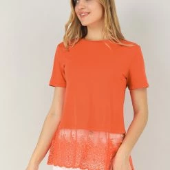 Allegra K Women's Crewneck Tiered Lace Hem Short Sleeve Blouse