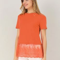 Allegra K Women's Crewneck Tiered Lace Hem Short Sleeve Blouse