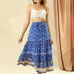 Allegra K Women's Elastic Waist Bohemian Lace Panel Floral Tiered Skirt 11 Allegra K Women's Elastic Waist Bohemian Lace Panel Floral Tiered Skirt