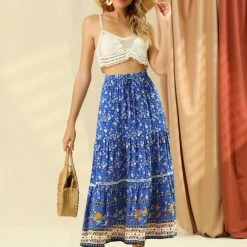 Allegra K Women's Elastic Waist Bohemian Lace Panel Floral Tiered Skirt 12 Allegra K Women's Elastic Waist Bohemian Lace Panel Floral Tiered Skirt