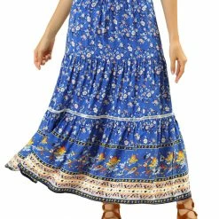 Allegra K Women's Elastic Waist Bohemian Lace Panel Floral Tiered Skirt