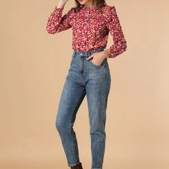 Allegra K Boho Daisy Floral Ruffled Neck Long Sleeve Tops Blouses