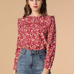 Allegra K Boho Daisy Floral Ruffled Neck Long Sleeve Tops Blouses