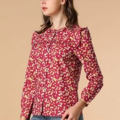 Allegra K Boho Daisy Floral Ruffled Neck Long Sleeve Tops Blouses