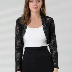 Allegra K Women's Crop Cardigan Scalloped Hem Floral Lace Sheer Shrug Top