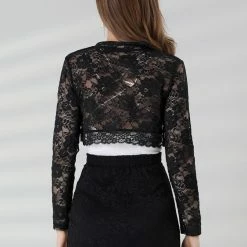 Allegra K Women's Crop Cardigan Scalloped Hem Floral Lace Sheer Shrug Top