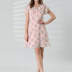 Allegra K Women's Ruffle Neck Short Sleeve A-Line Flowy Floral Chiffon Mini Dress