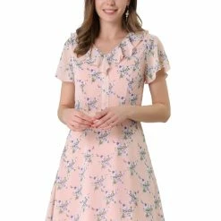 Allegra K Women's Ruffle Neck Short Sleeve A-Line Flowy Floral Chiffon Mini Dress