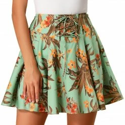 Allegra K Women's Floral A-Line High Waist Summer Lace Up Mini Skirts