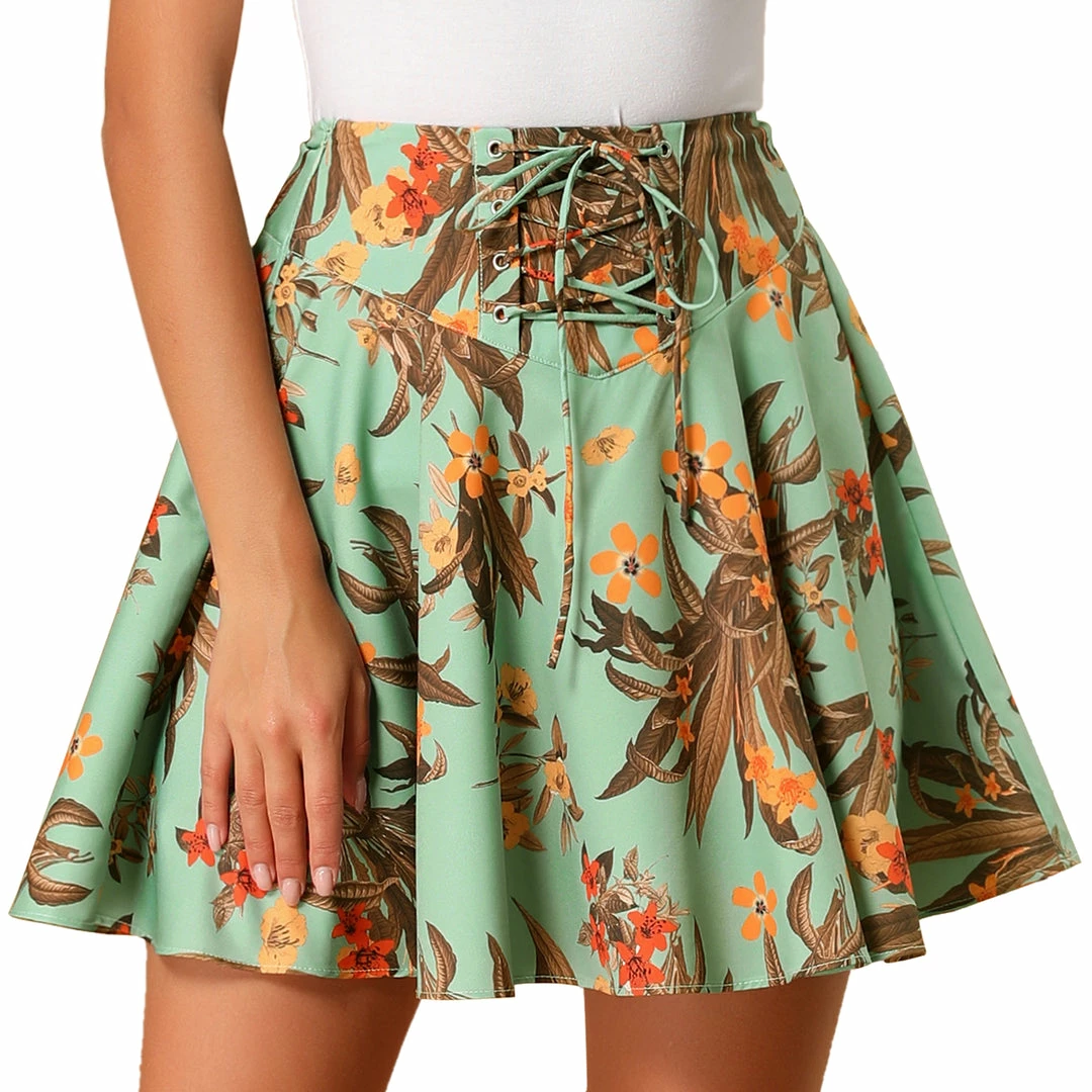 Allegra K Women's Floral A-Line High Waist Summer Lace Up Mini Skirts 4 Allegra K Women's Floral A-Line High Waist Summer Lace Up Mini Skirts