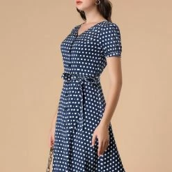 Allegra K Women's Polka Dots V Neck Puff Sleeve Vintage Belted Button Down Midi Dress 11 Allegra K Women's Polka Dots V Neck Puff Sleeve Vintage Belted Button Down Midi Dress