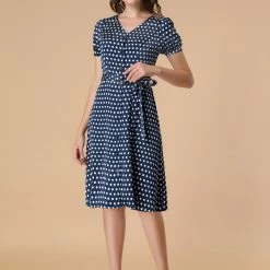 Allegra K Women's Polka Dots V Neck Puff Sleeve Vintage Belted Button Down Midi Dress 12 Allegra K Women's Polka Dots V Neck Puff Sleeve Vintage Belted Button Down Midi Dress