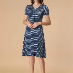 Allegra K Women's Polka Dots V Neck Puff Sleeve Vintage Belted Button Down Midi Dress 13 Allegra K Women's Polka Dots V Neck Puff Sleeve Vintage Belted Button Down Midi Dress