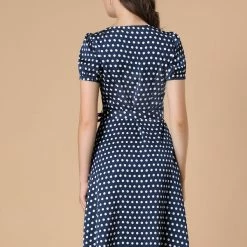 Allegra K Women's Polka Dots V Neck Puff Sleeve Vintage Belted Button Down Midi Dress 14 Allegra K Women's Polka Dots V Neck Puff Sleeve Vintage Belted Button Down Midi Dress