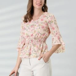 Allegra K Women's Chiffon Floral Blouse V-neck Flare Sleeve Spring Smock Waist Top 11 Allegra K Women's Chiffon Floral Blouse V-neck Flare Sleeve Spring Smock Waist Top