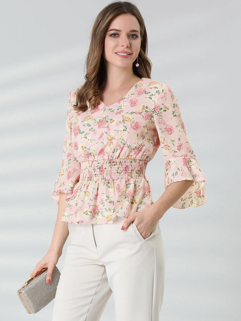 Allegra K Women's Chiffon Floral Blouse V-neck Flare Sleeve Spring Smock Waist Top 5 Allegra K Women's Chiffon Floral Blouse V-neck Flare Sleeve Spring Smock Waist Top