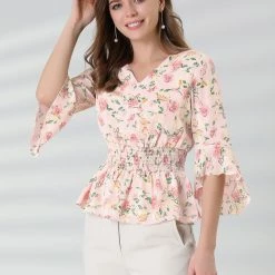 Allegra K Women's Chiffon Floral Blouse V-neck Flare Sleeve Spring Smock Waist Top 12 Allegra K Women's Chiffon Floral Blouse V-neck Flare Sleeve Spring Smock Waist Top