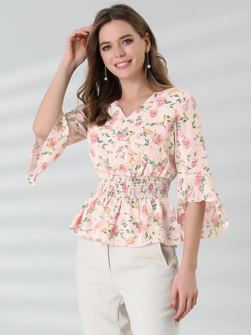 Allegra K Women's Chiffon Floral Blouse V-neck Flare Sleeve Spring Smock Waist Top 6 Allegra K Women's Chiffon Floral Blouse V-neck Flare Sleeve Spring Smock Waist Top