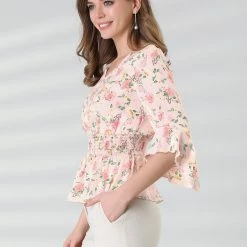 Allegra K Women's Chiffon Floral Blouse V-neck Flare Sleeve Spring Smock Waist Top 13 Allegra K Women's Chiffon Floral Blouse V-neck Flare Sleeve Spring Smock Waist Top