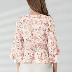 Allegra K Women's Chiffon Floral Blouse V-neck Flare Sleeve Spring Smock Waist Top 14 Allegra K Women's Chiffon Floral Blouse V-neck Flare Sleeve Spring Smock Waist Top