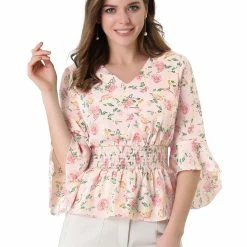 Allegra K Women's Chiffon Floral Blouse V-neck Flare Sleeve Spring Smock Waist Top