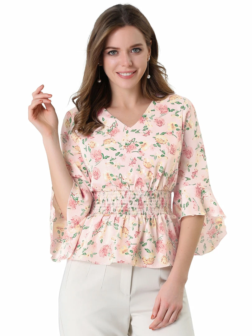 Allegra K Women's Chiffon Floral Blouse V-neck Flare Sleeve Spring Smock Waist Top 4 Allegra K Women's Chiffon Floral Blouse V-neck Flare Sleeve Spring Smock Waist Top