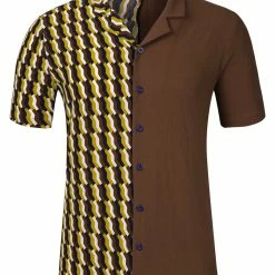 Allegra K Men's Printed Patchwork Short Sleeve Button Down Casual Summer Striped Shirt