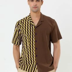 Allegra K Men's Printed Patchwork Short Sleeve Button Down Casual Summer Striped Shirt