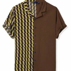 Allegra K Men's Printed Patchwork Short Sleeve Button Down Casual Summer Striped Shirt