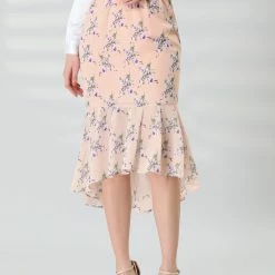 Allegra K Women's Floral High-Low Elastic Waist Ruffle Hem Flowy Midi Chiffon Skirt