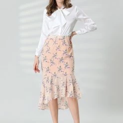 Allegra K Women's Floral High-Low Elastic Waist Ruffle Hem Flowy Midi Chiffon Skirt