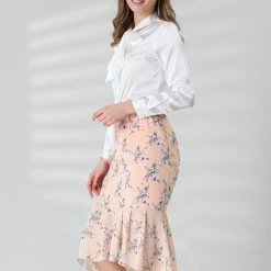 Allegra K Women's Floral High-Low Elastic Waist Ruffle Hem Flowy Midi Chiffon Skirt