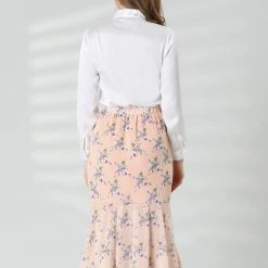 Allegra K Women's Floral High-Low Elastic Waist Ruffle Hem Flowy Midi Chiffon Skirt