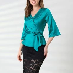 Allegra K Women's Bow Tie Waist Satin 3/4 Sleeve Solid Color Wrap Peplum Blouse