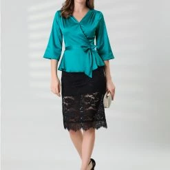 Allegra K Women's Bow Tie Waist Satin 3/4 Sleeve Solid Color Wrap Peplum Blouse