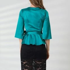 Allegra K Women's Bow Tie Waist Satin 3/4 Sleeve Solid Color Wrap Peplum Blouse