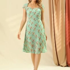 Allegra K Women's Smocked Sweetheart Cap Sleeve Cinched Floral Chiffon Midi Dress 12 Allegra K Women's Smocked Sweetheart Cap Sleeve Cinched Floral Chiffon Midi Dress