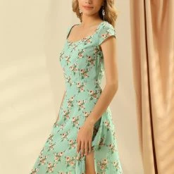 Allegra K Women's Smocked Sweetheart Cap Sleeve Cinched Floral Chiffon Midi Dress 13 Allegra K Women's Smocked Sweetheart Cap Sleeve Cinched Floral Chiffon Midi Dress